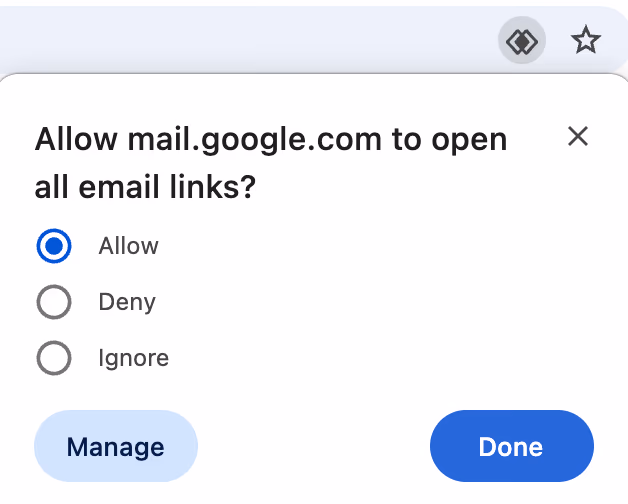Chrome asking whether to allow mail.google.com to open all email links, with Allow selected