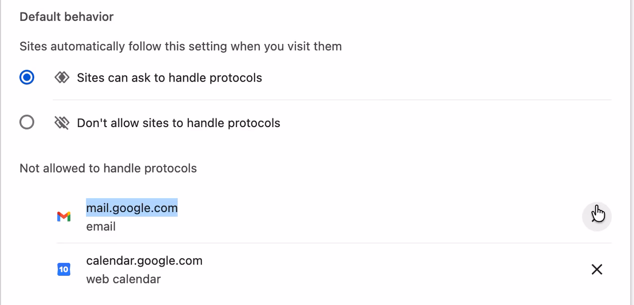 Chrome's protocol handler settings with mail.google.com listed under Not allowed to handle protocols and the cursor on the X at the end of its row