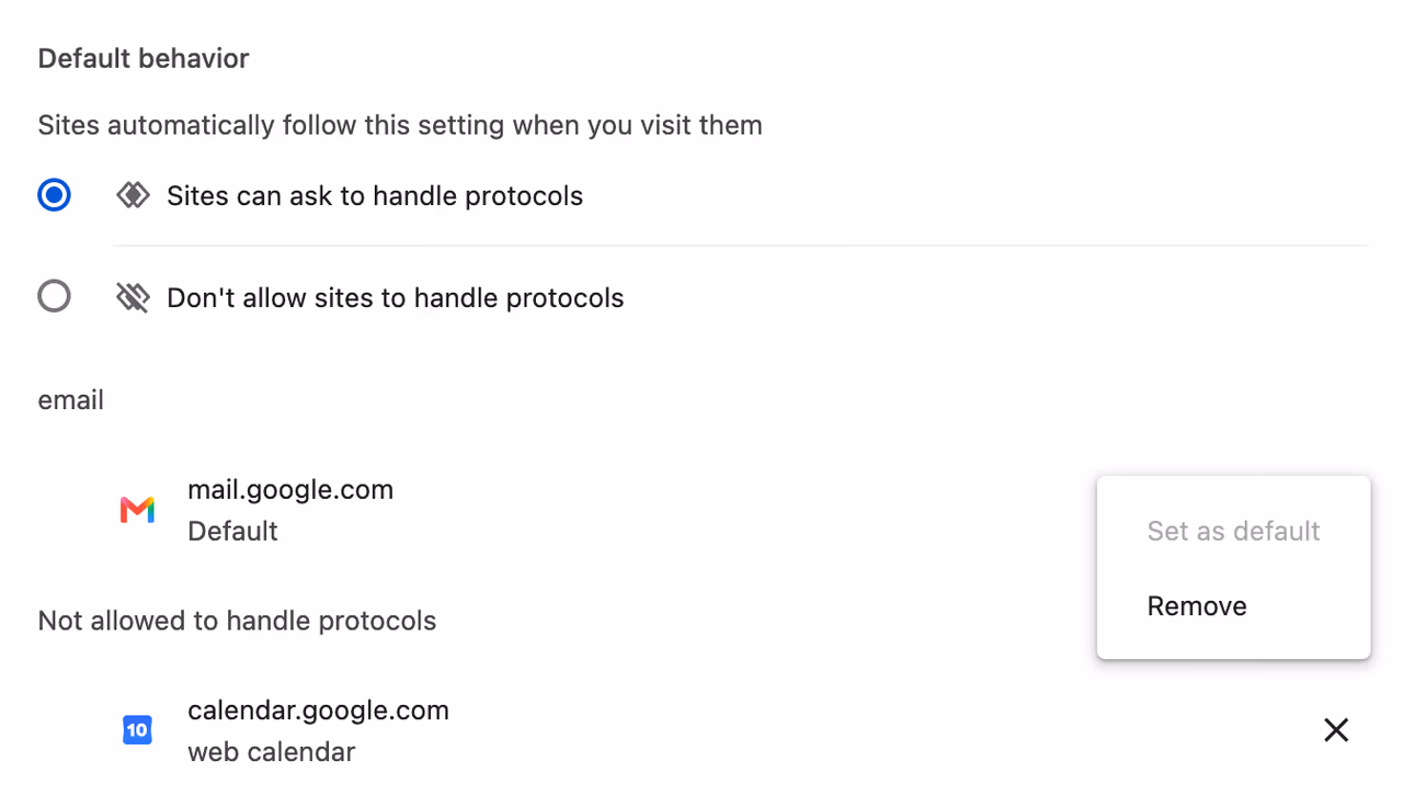 Chrome protocol handler settings with mail.google.com listed under email as the default, and its three-dot menu open