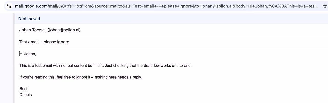 A Gmail compose window opened from the mailto link, with recipient, subject and body already filled in