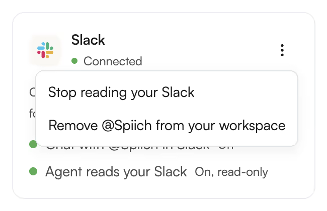 The Slack card's three-dot menu open, showing Stop reading your Slack and Remove @Spiich from your workspace