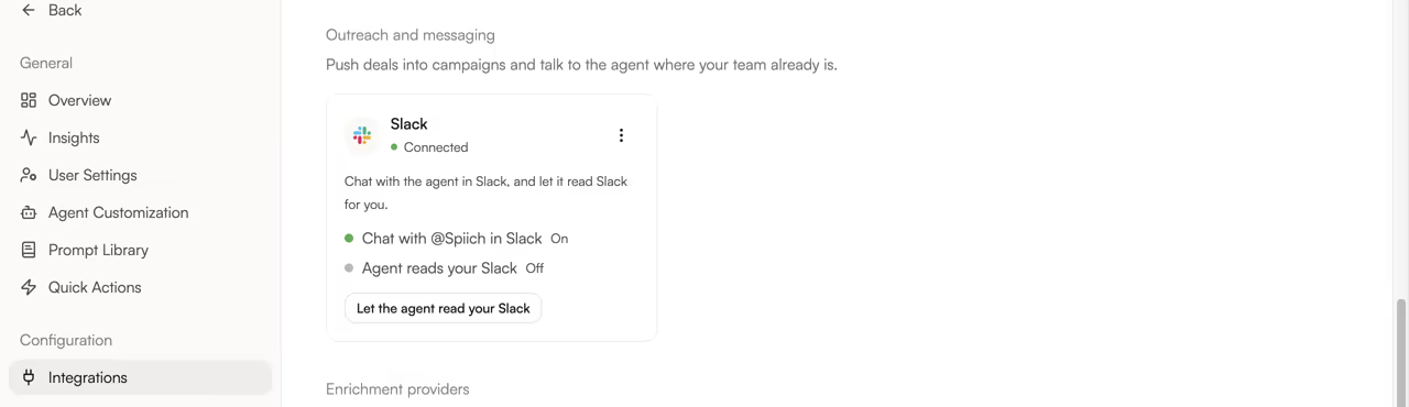 The Slack card in Spiich's Integrations settings with Chat with @Spiich in Slack set to On, Agent reads your Slack set to Off, and the Let the agent read your Slack button below them
